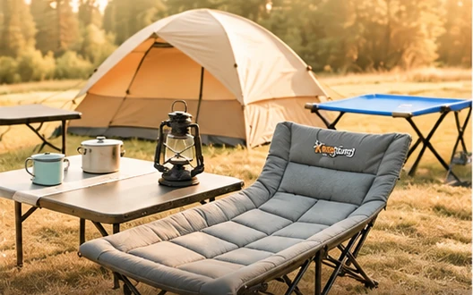 Campingmöbel mit gepolstertem Campingstuhl und kleinem Tisch in natürlicher Umgebung