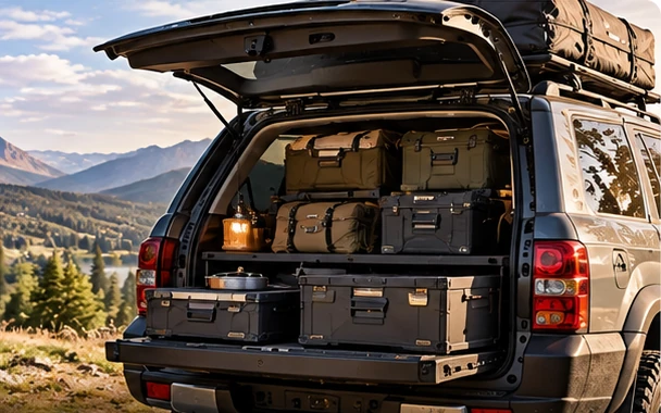 Stauboxen und Organizer im offenen Heck eines Campingfahrzeugs