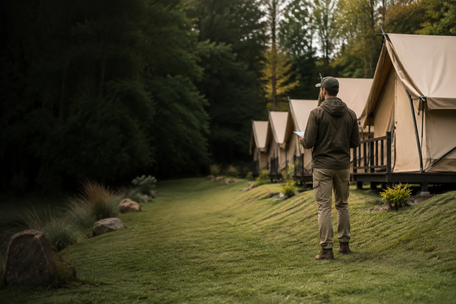 Betreiber des Campingplatzes inspiziert Gästezelte