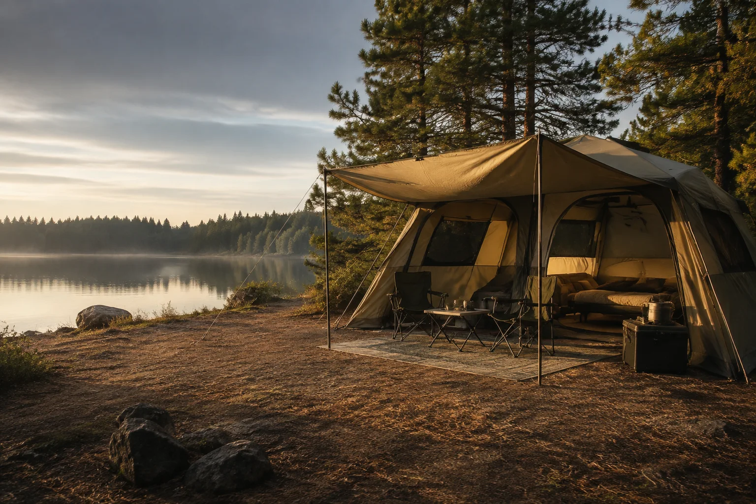 Spacious family camping tent by a lake