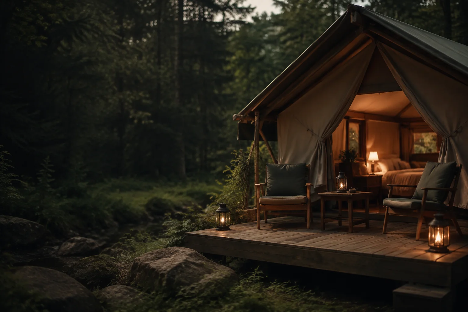 Glamping Camping Zelt auf einem Holzdeck