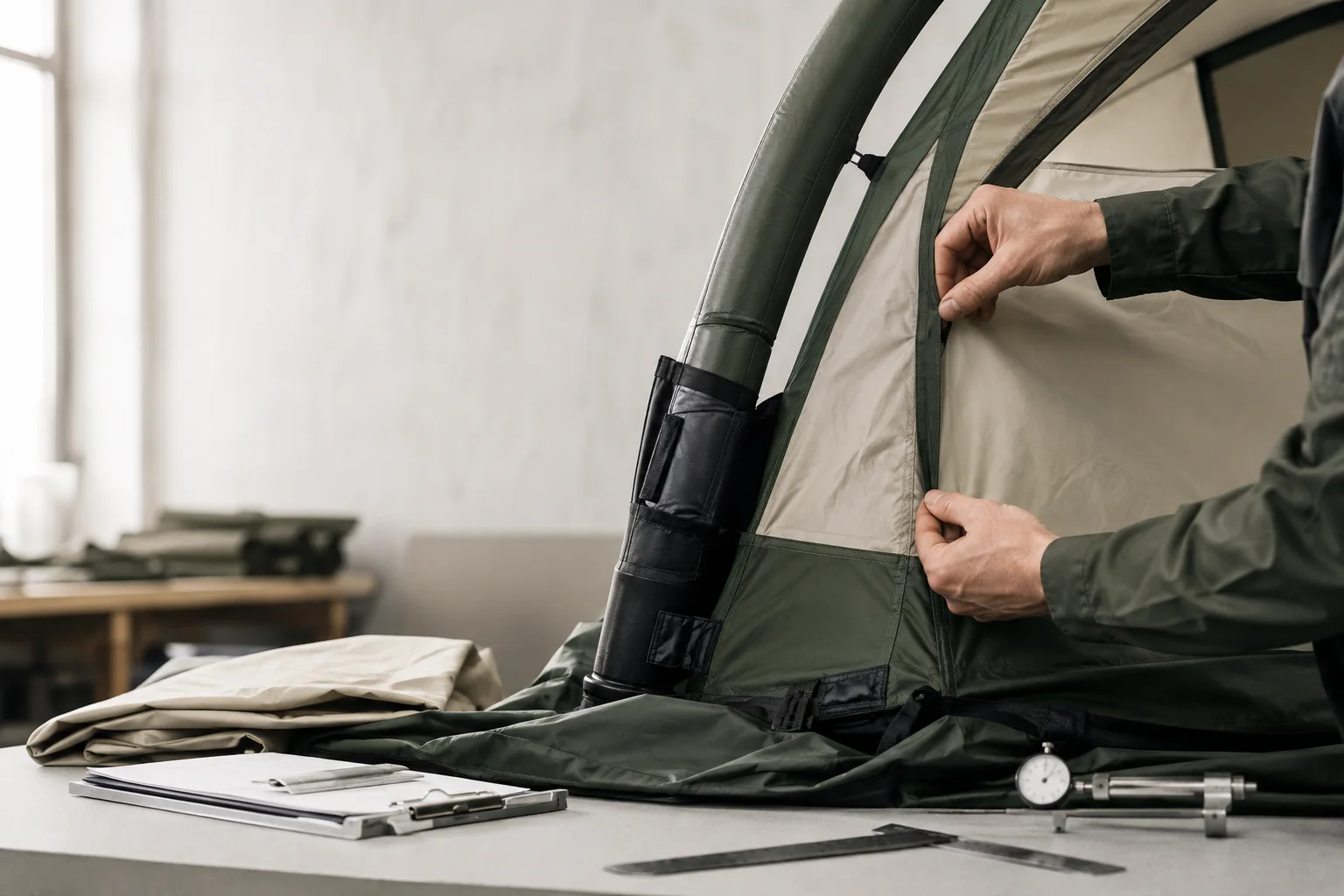 Close inspection of an inflatable tent seam