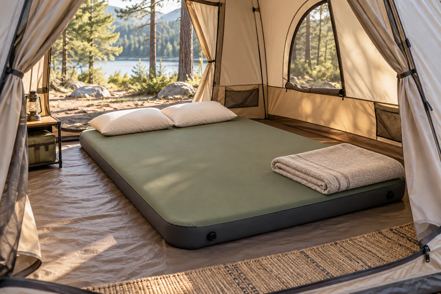 KI-Abbildung einer olivfarbenen Doppelmatratze im geräumigen beigen Familienzelt auf einem Waldcampingplatz