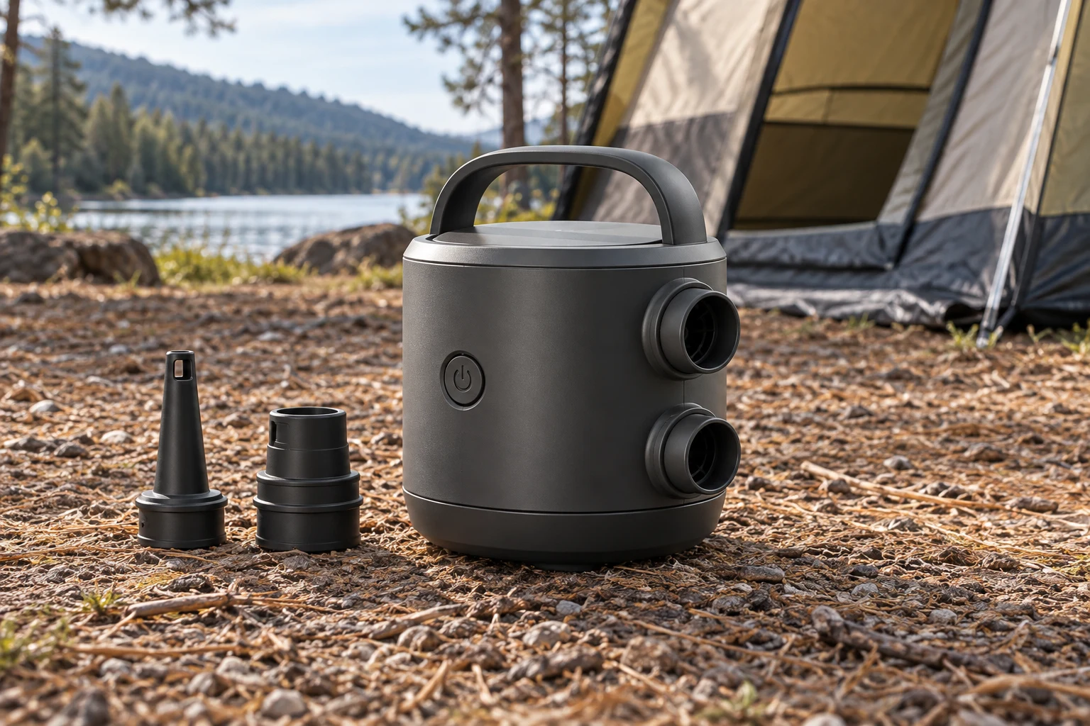 KI-generierte Campingszene mit Wiederaufladbare Camping-Luftpumpe mit 5000 mAh