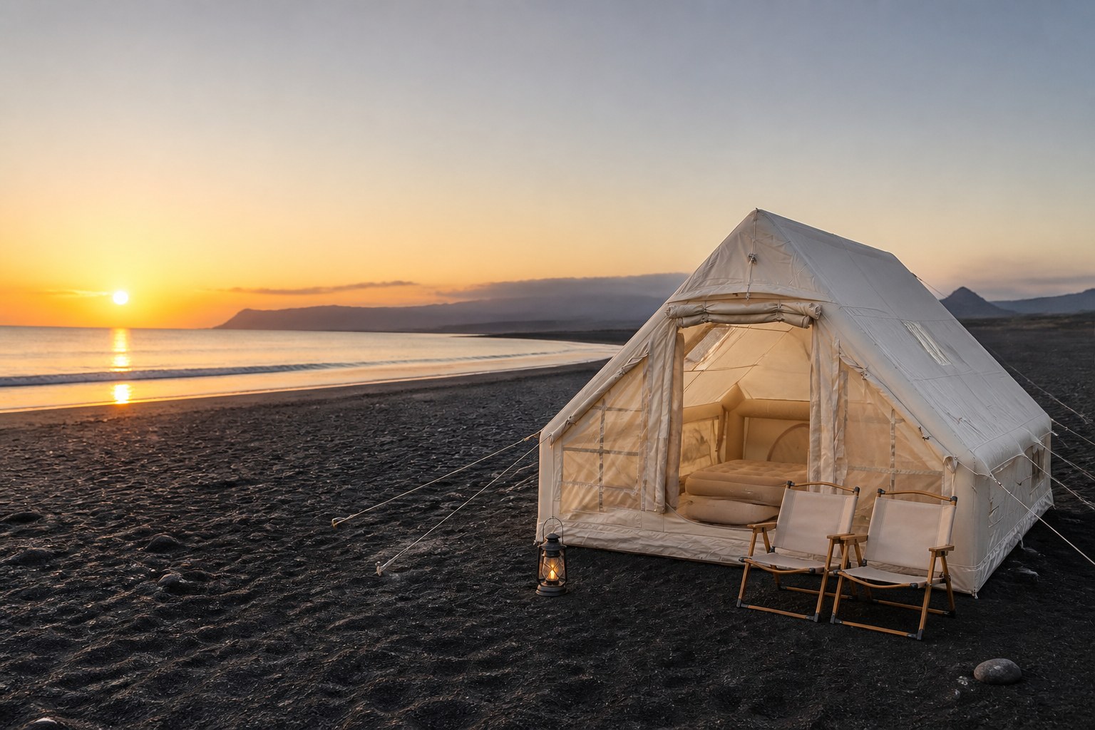 Khaki aufblasbares Zelt an einem schwarzen Sandstrand bei Sonnenaufgang