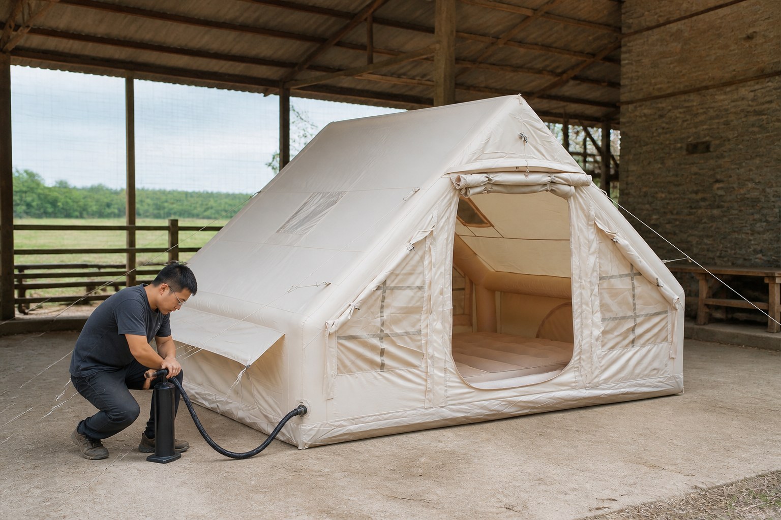 Person, die ein Khaki 6,3 m² Campingzelt mit einer Handpumpe aufbläst