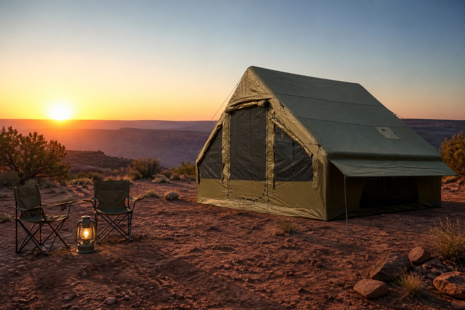Grünes aufblasbares Zelt auf einem roten Tonplateau bei Sonnenaufgang