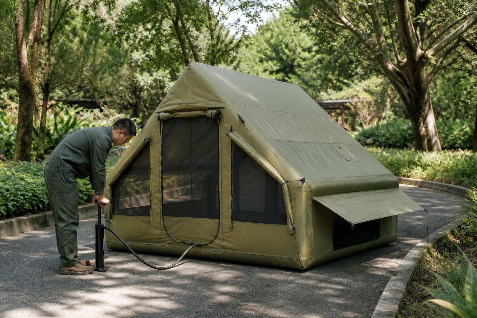 Person aufblasen ein grünes 6,3 m² Campingzelt mit einer Handpumpe