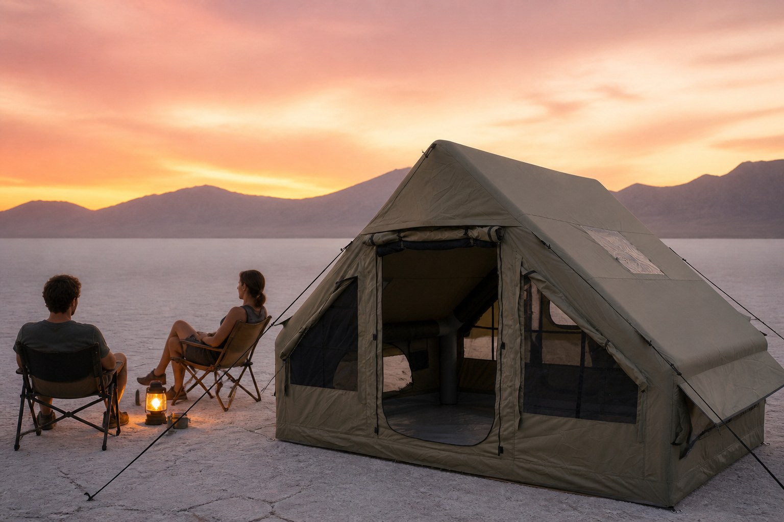 Grünes aufblasbares Zelt auf einem salinen Sonnenuntergang Campingplatz