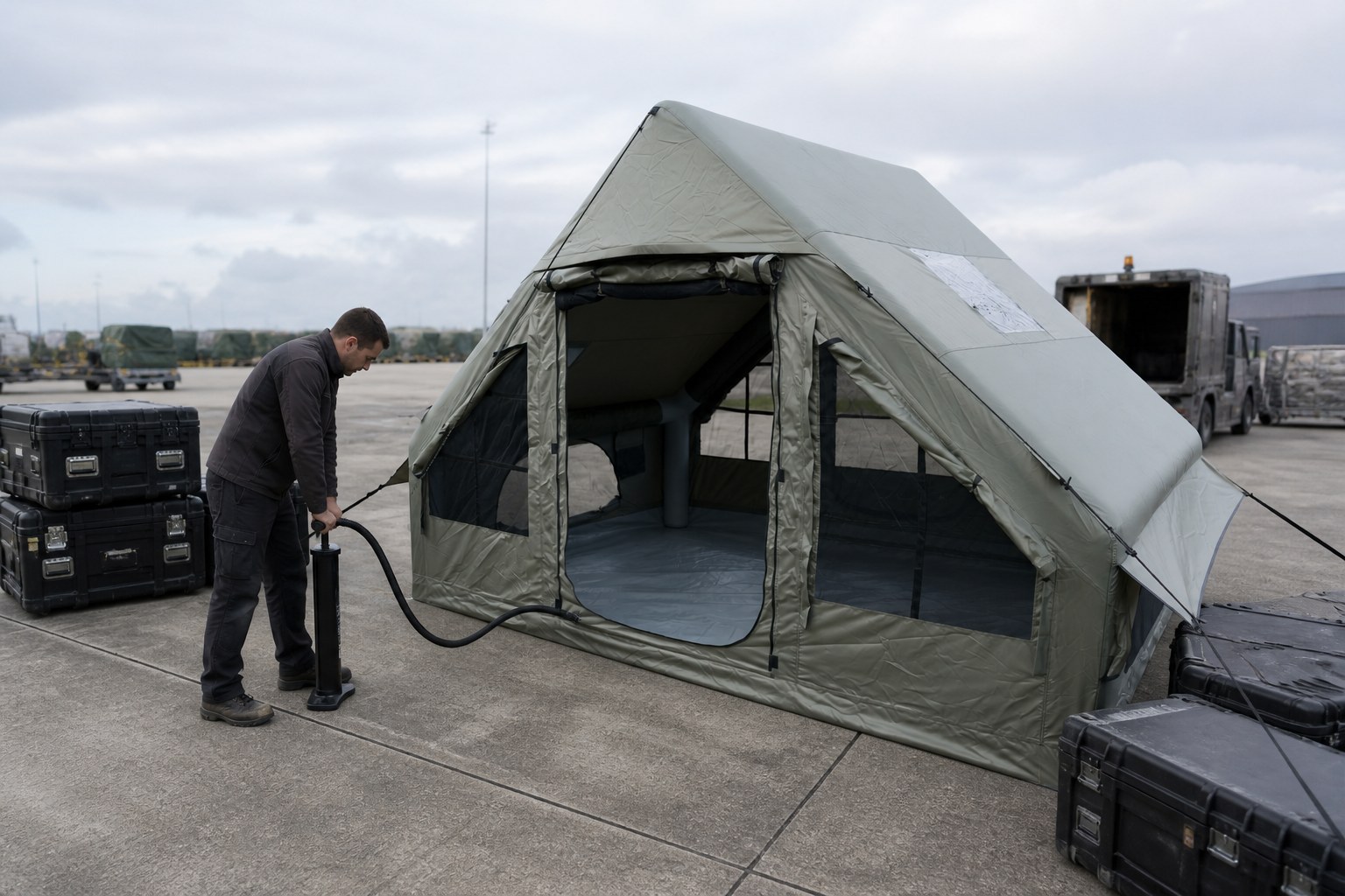 Person aufblasen ein grünes 6,3 m² Campingzelt mit einer Handpumpe