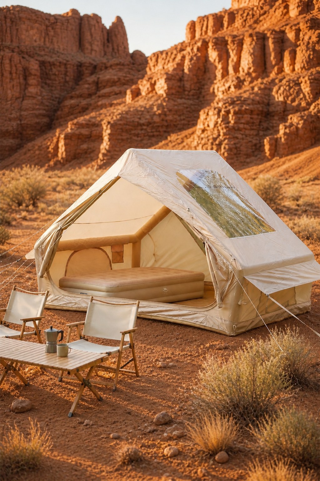 Open-front large-skylight inflatable tent in a red-rock canyon campsite
