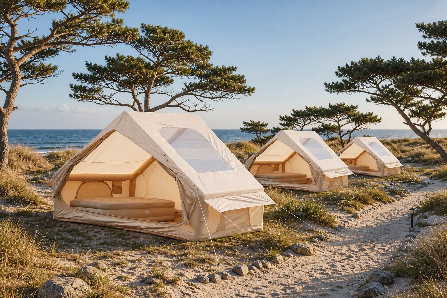 Three khaki large-skylight inflatable ridge tents at a coastal dune campsite
