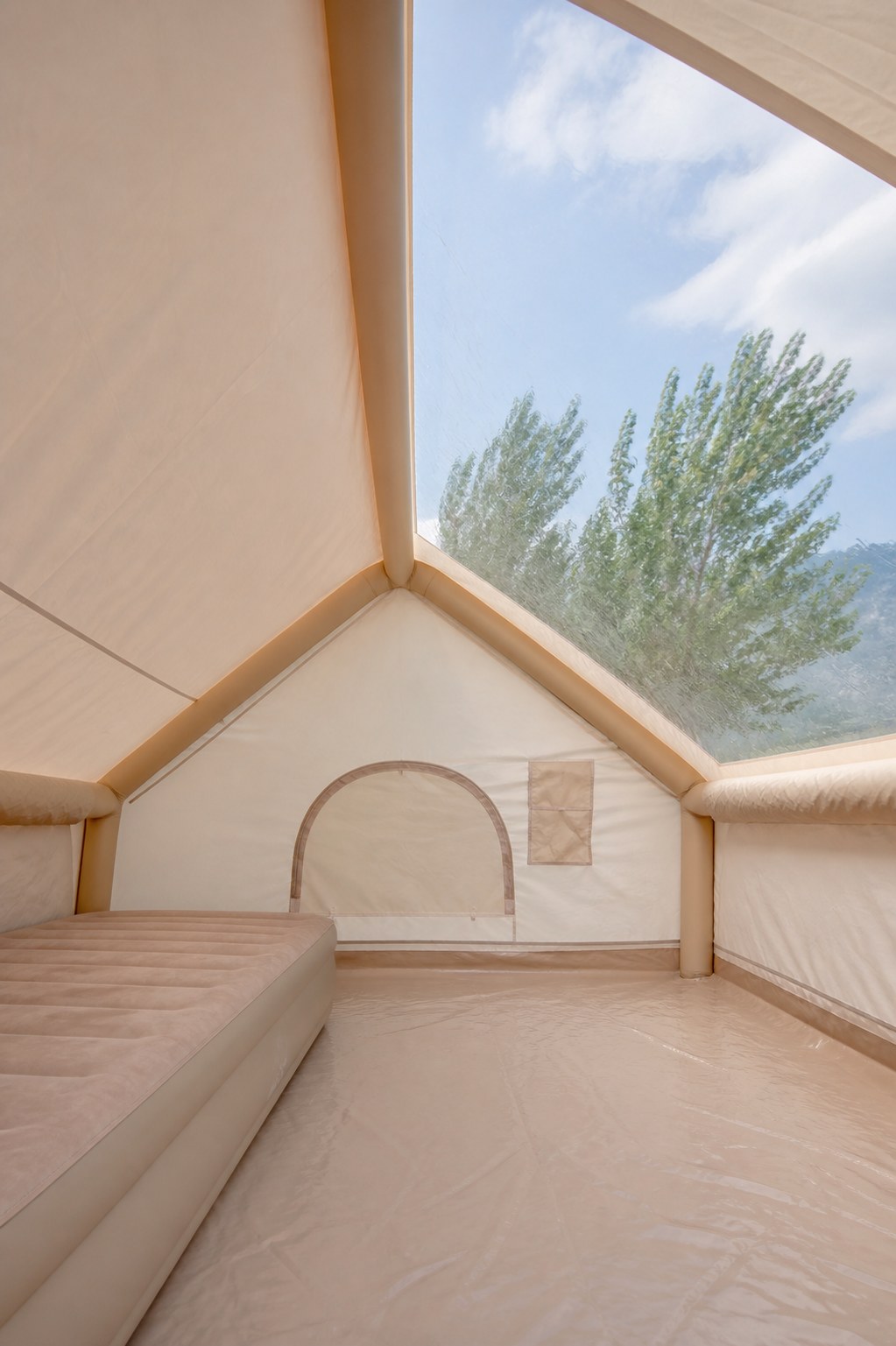 Interior view through the large observation skylight of the inflatable ridge tent