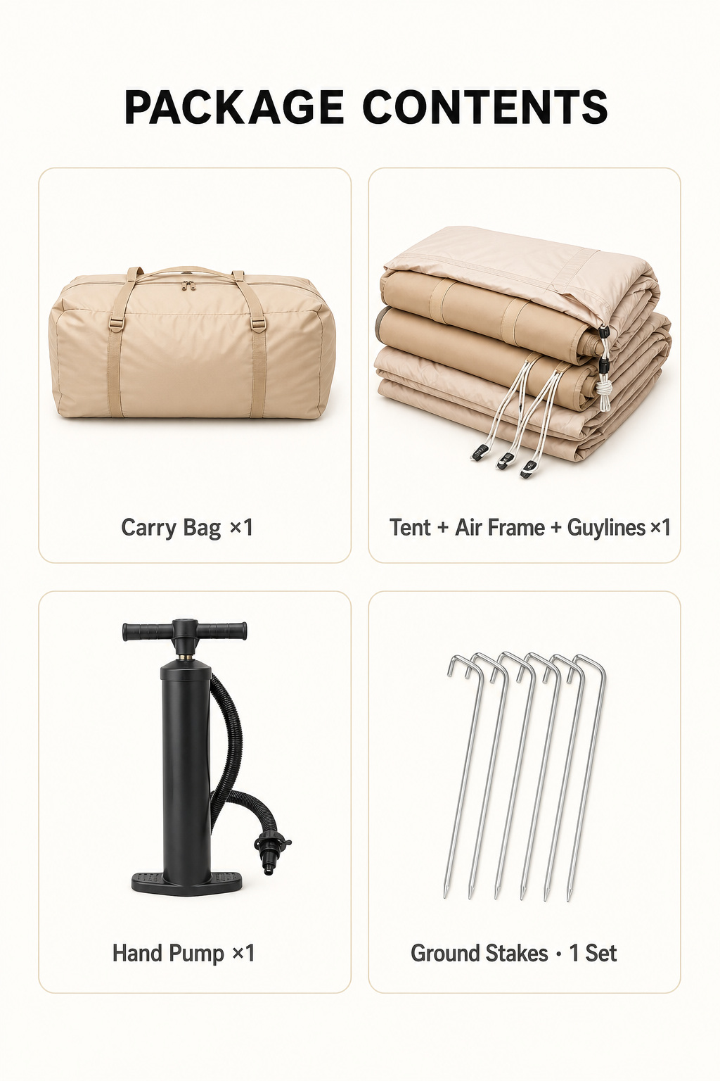 English package contents with carry bag tent air frame guylines pump and ground stakes