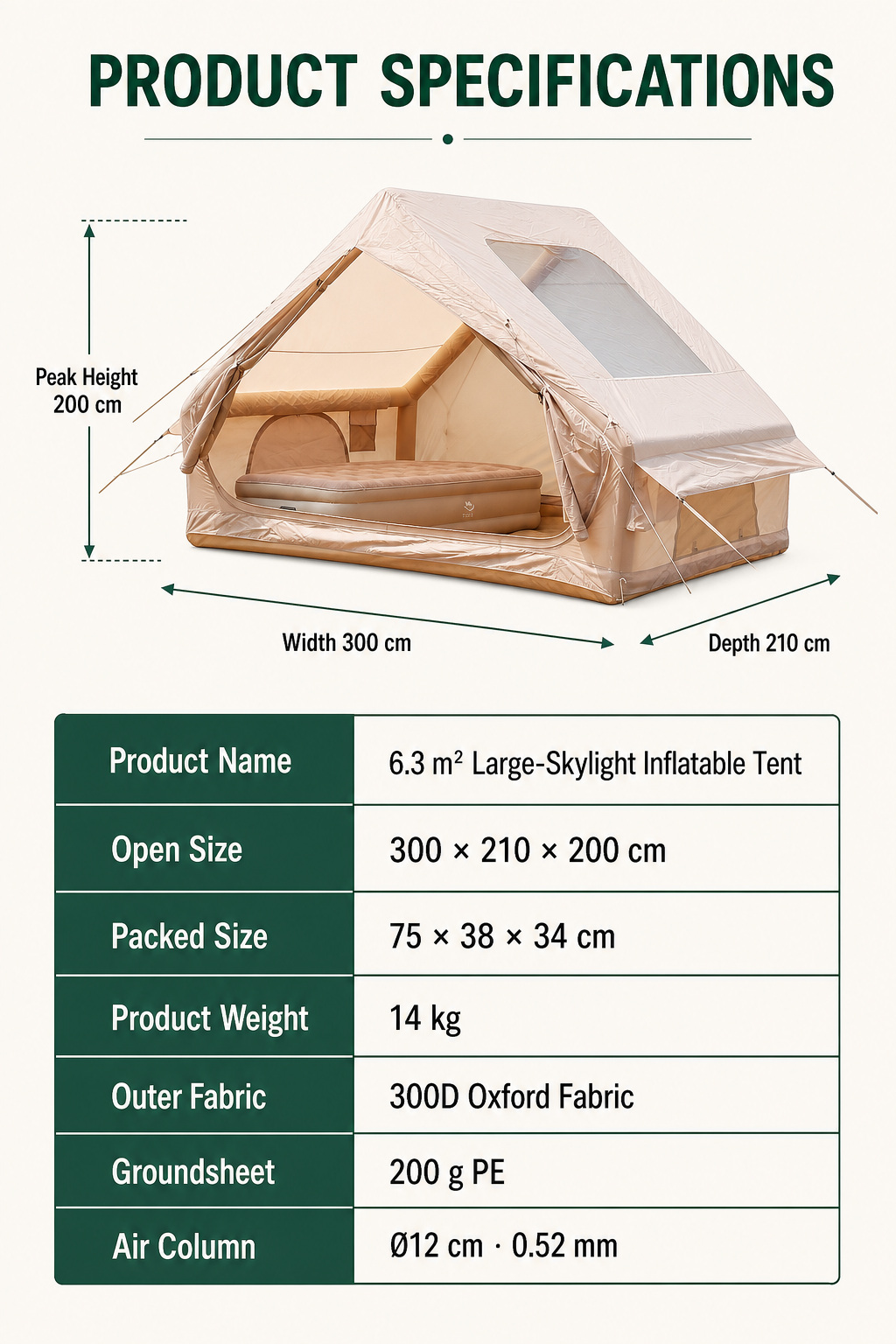 English dimensions materials and packing specifications for the large-skylight inflatable tent