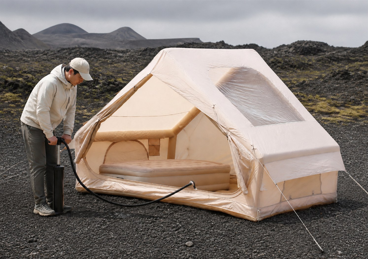 Adult using a hand pump to inflate the khaki large-skylight camping tent