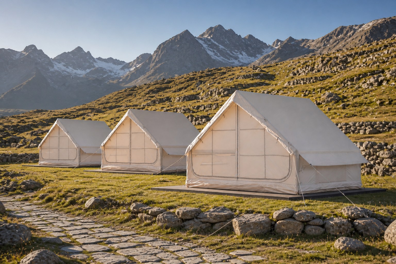 Drei khaki eintürige aufblasbare Kammzelte auf einem Alpenplateau-Campingplatz