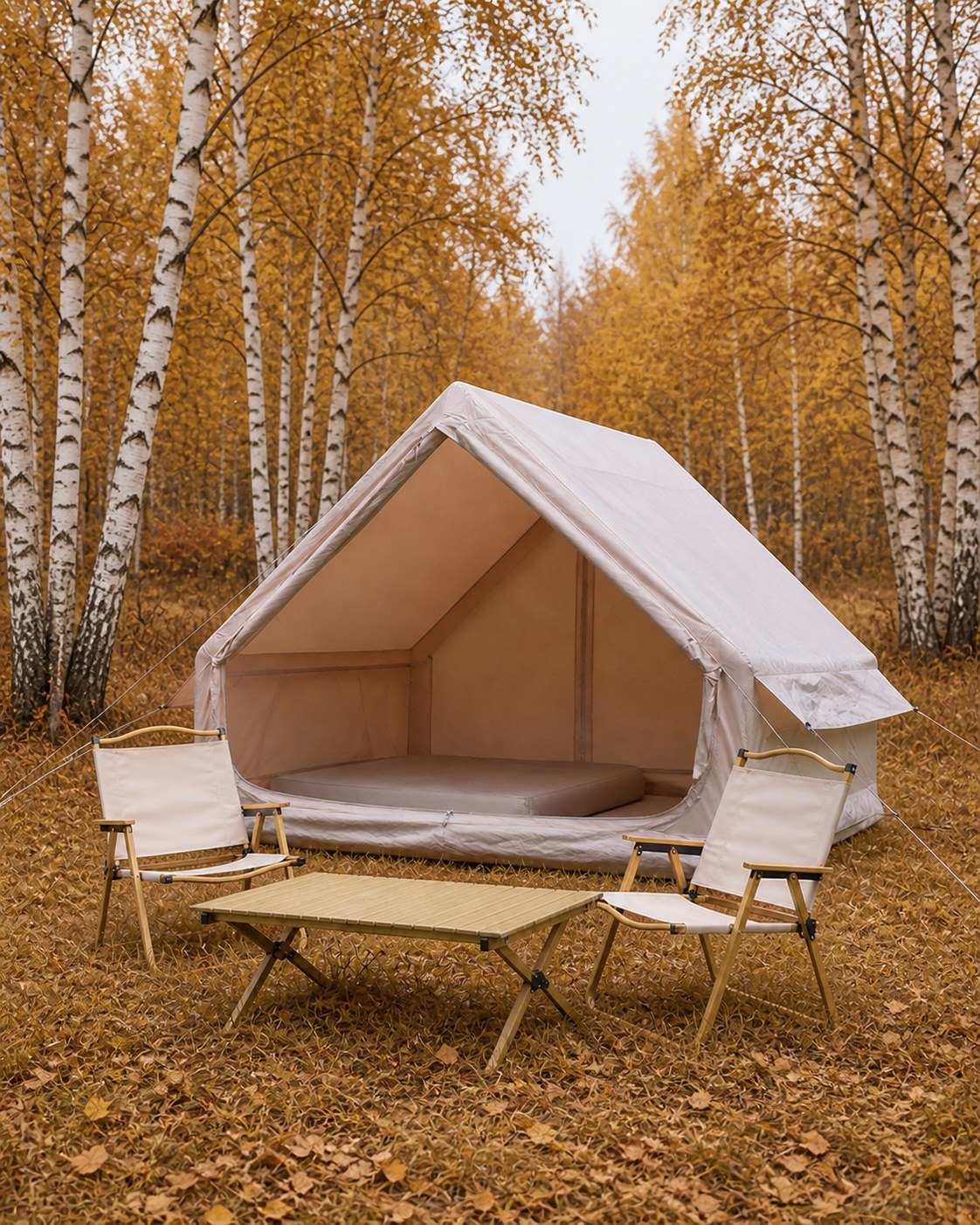 Open-front khaki aufblasbares Zelt in einem Herbstbirkencampingplatz