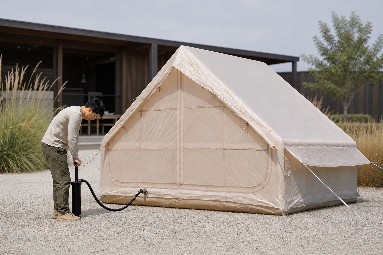 Erwachsener mit einer handpumpe, um das khaki eintürige campingzelt aufzublasen.