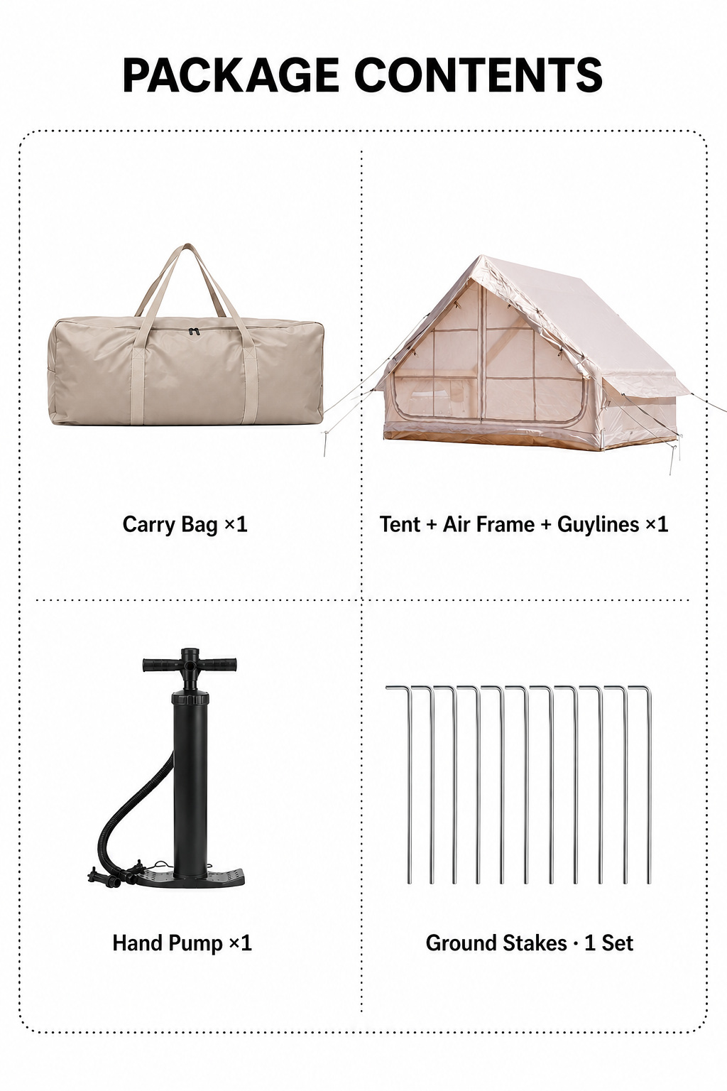 Englischer Paketinhalt mit Carry Bag Zelt Air Frame Guylines Pumpe und Bodenpfählen