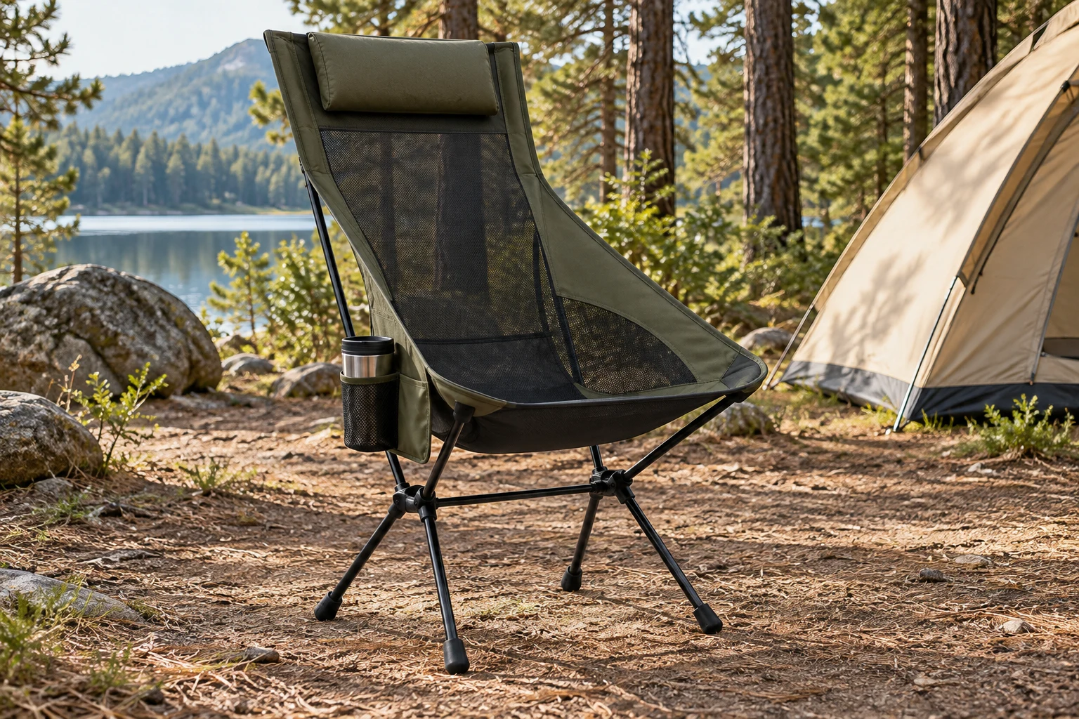 KI-generierte Campingszene mit Campingstuhl mit hoher Netzrückenlehne und 7075-Aluminiumrahmen