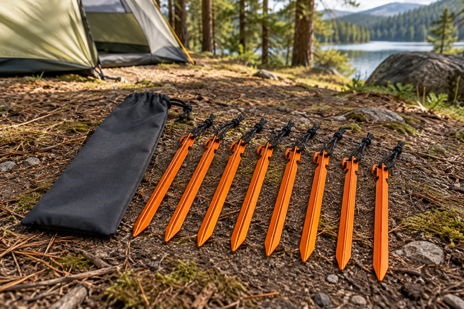 Scène de camping générée par IA : Kit de piquets de tente profil Y en aluminium 7075