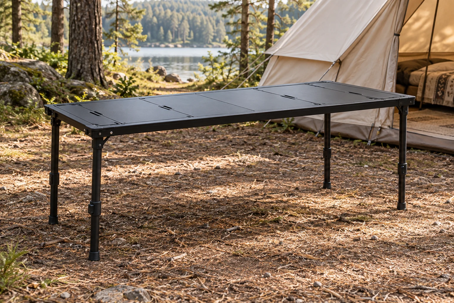 Scène de camping générée par IA : Table de camping IGT réglable en hauteur