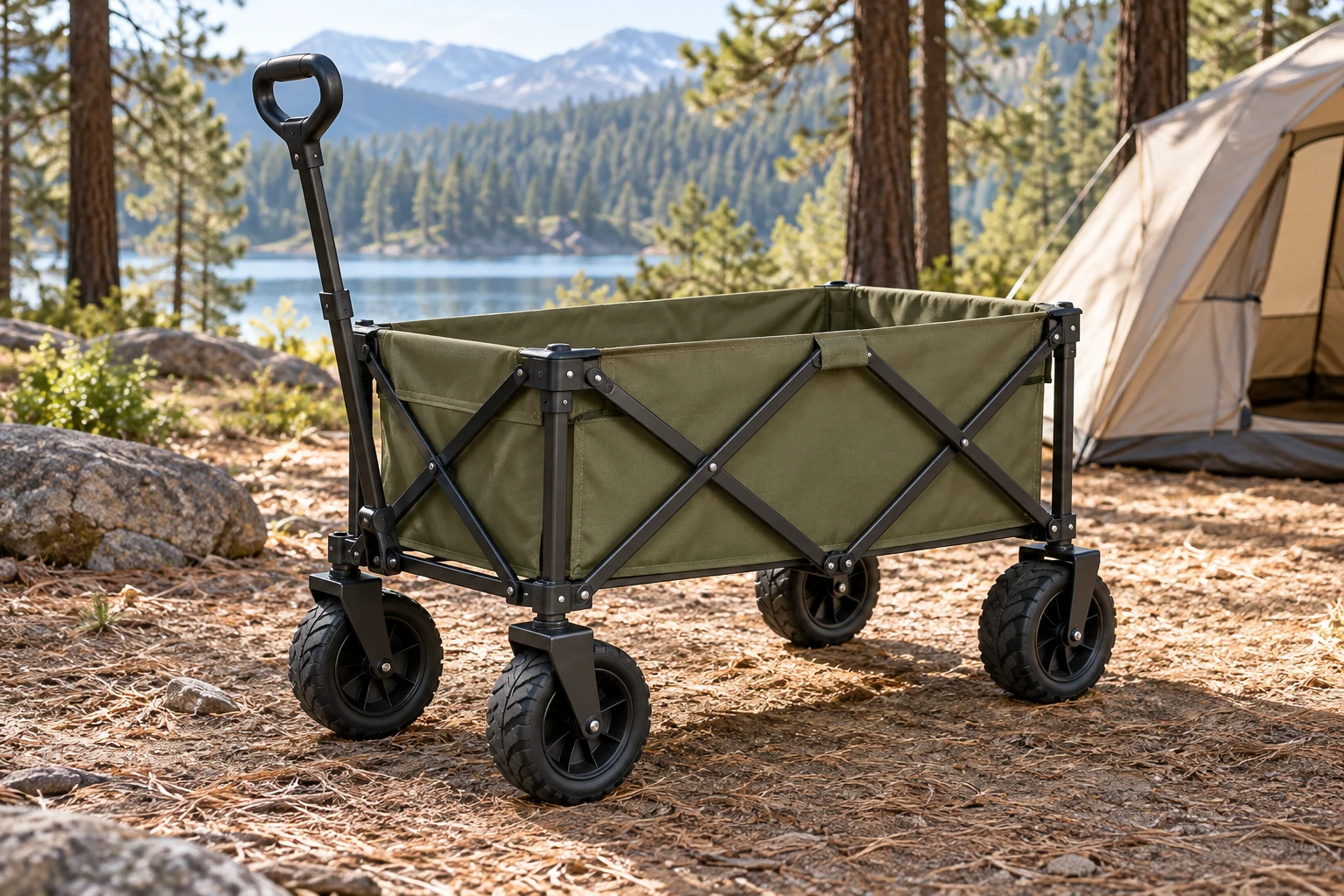 Scène de camping générée par IA : Chariot de camping pliant tout-terrain