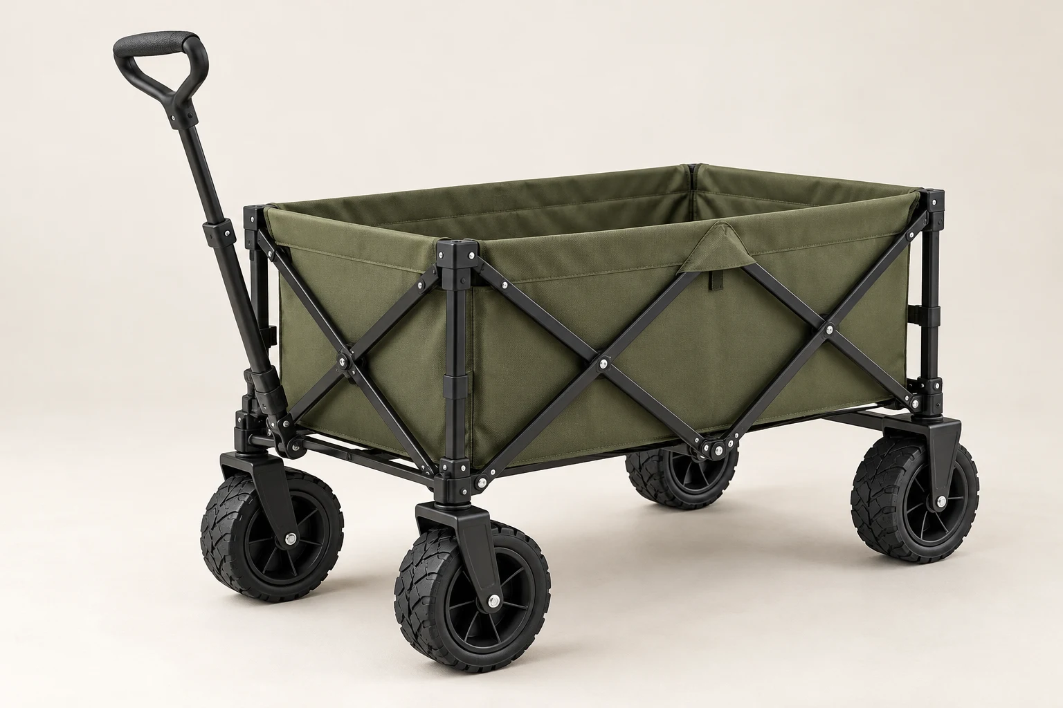 KI-generierte Produktabbildung: Klappbarer geländegängiger Camping-Bollerwagen