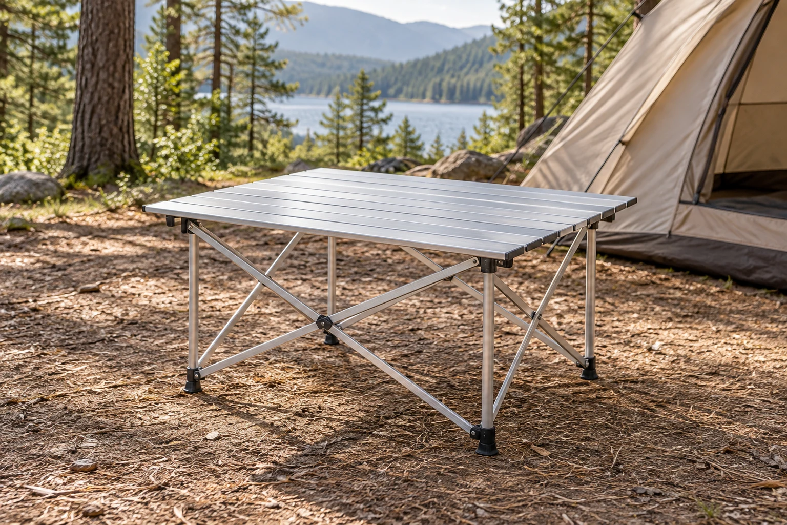 KI-generierte Campingszene mit Aluminium-Campingtisch mit Rollplatte