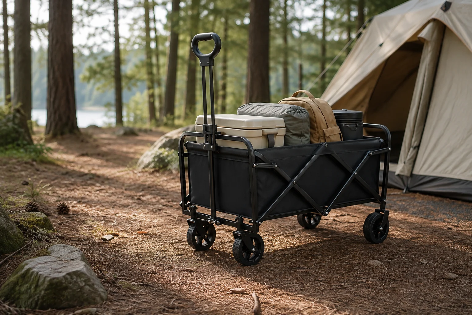 Schwarzer Klapp-Campingwagen mit Campingausrüstung auf einem Waldcampingplatz