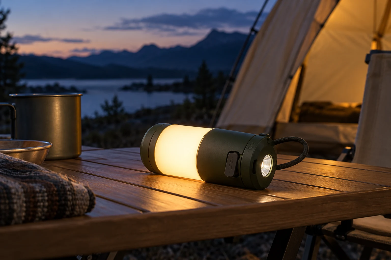 KI-generierte Campingszene mit Kompakte Type-C-Campinglaterne