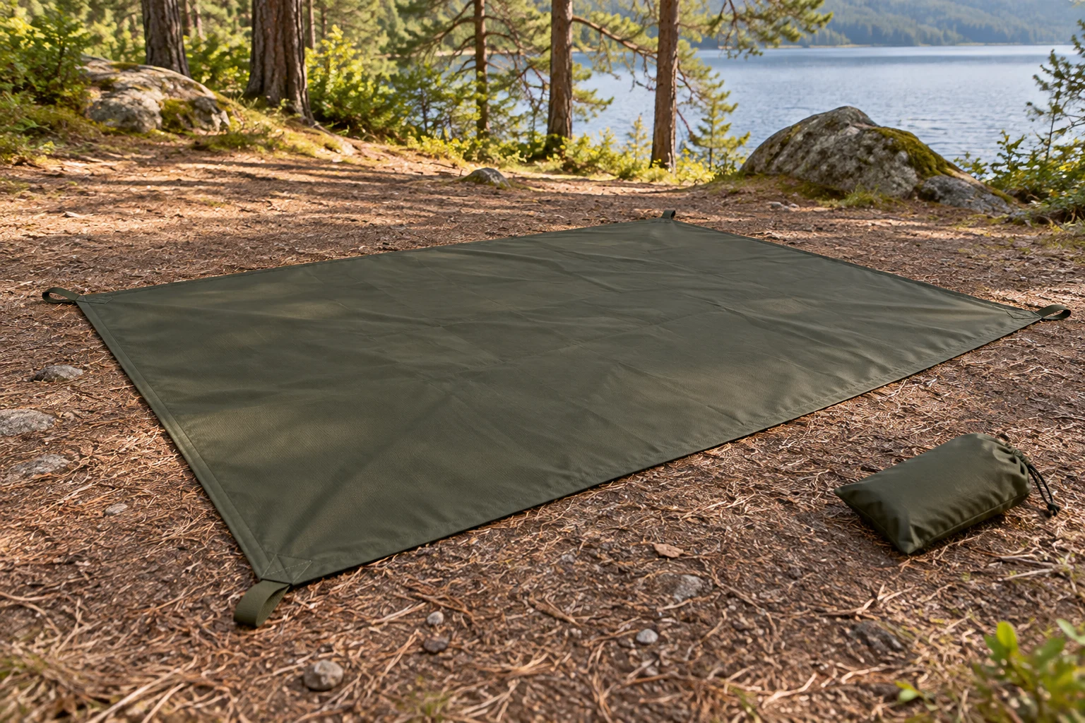 Scène de camping générée par IA : Tapis de sol / protection de tente sur mesure