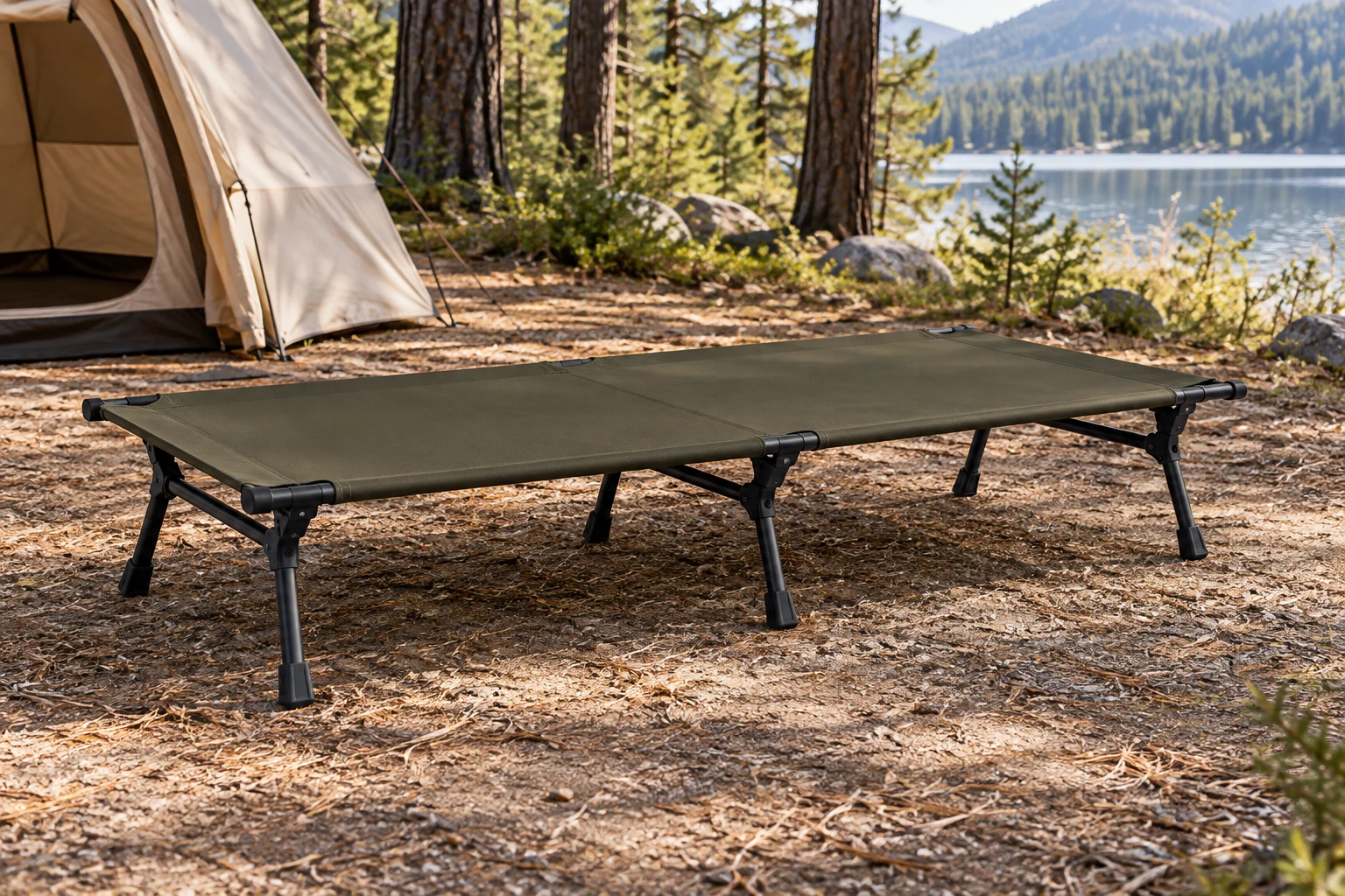 Scène de camping générée par IA : Lit de camp pliant en aluminium 7075 à deux hauteurs