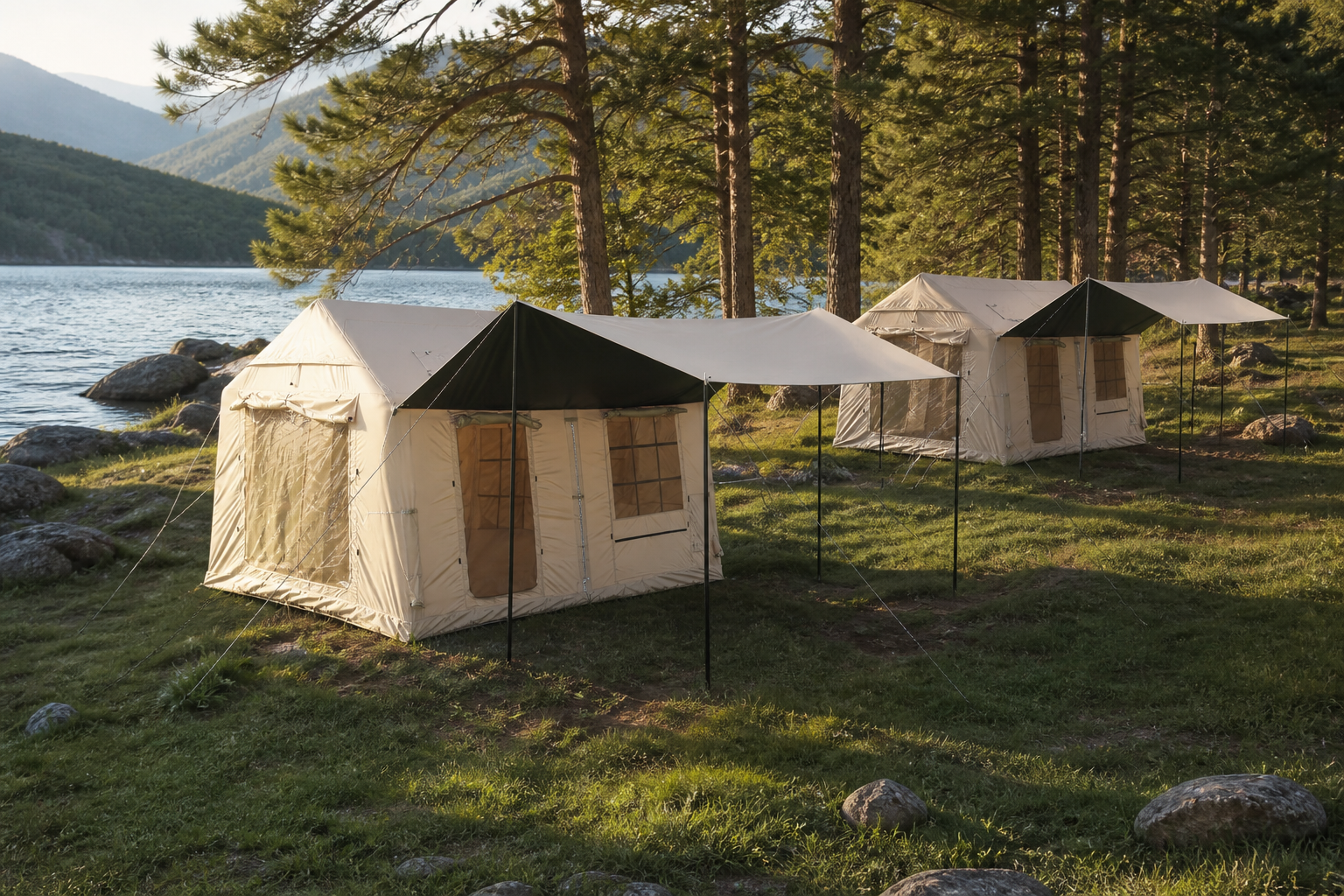 Khaki three-door partitioned inflatable tents beside a lake campsite