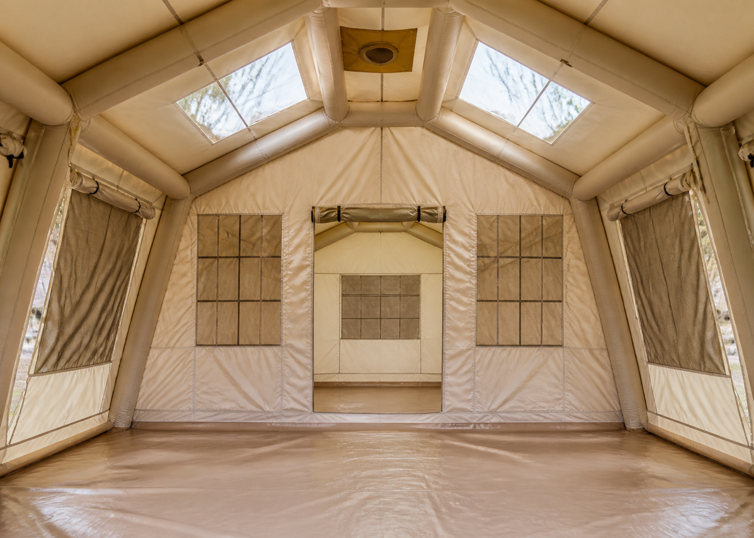 Close-up of partition, skylights, inflatable air beams and reinforced seams