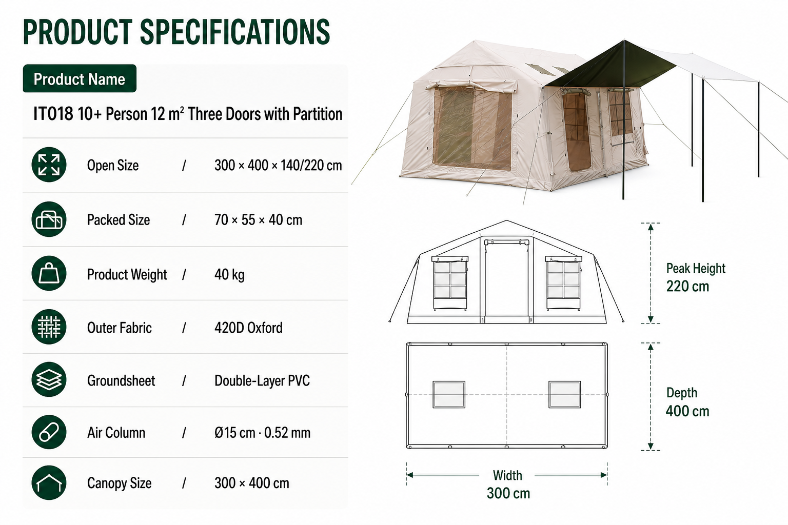 English product specifications and dimension reference for the partitioned tent