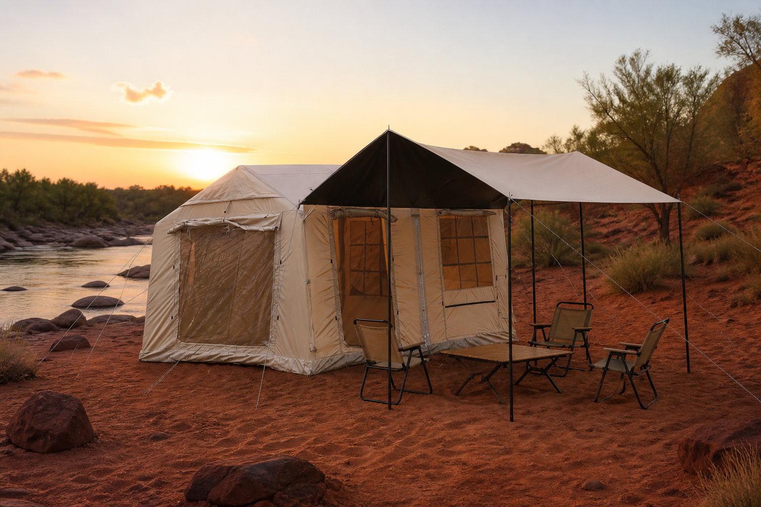 Khaki three-door partitioned tent at a red-sand riverside campsite