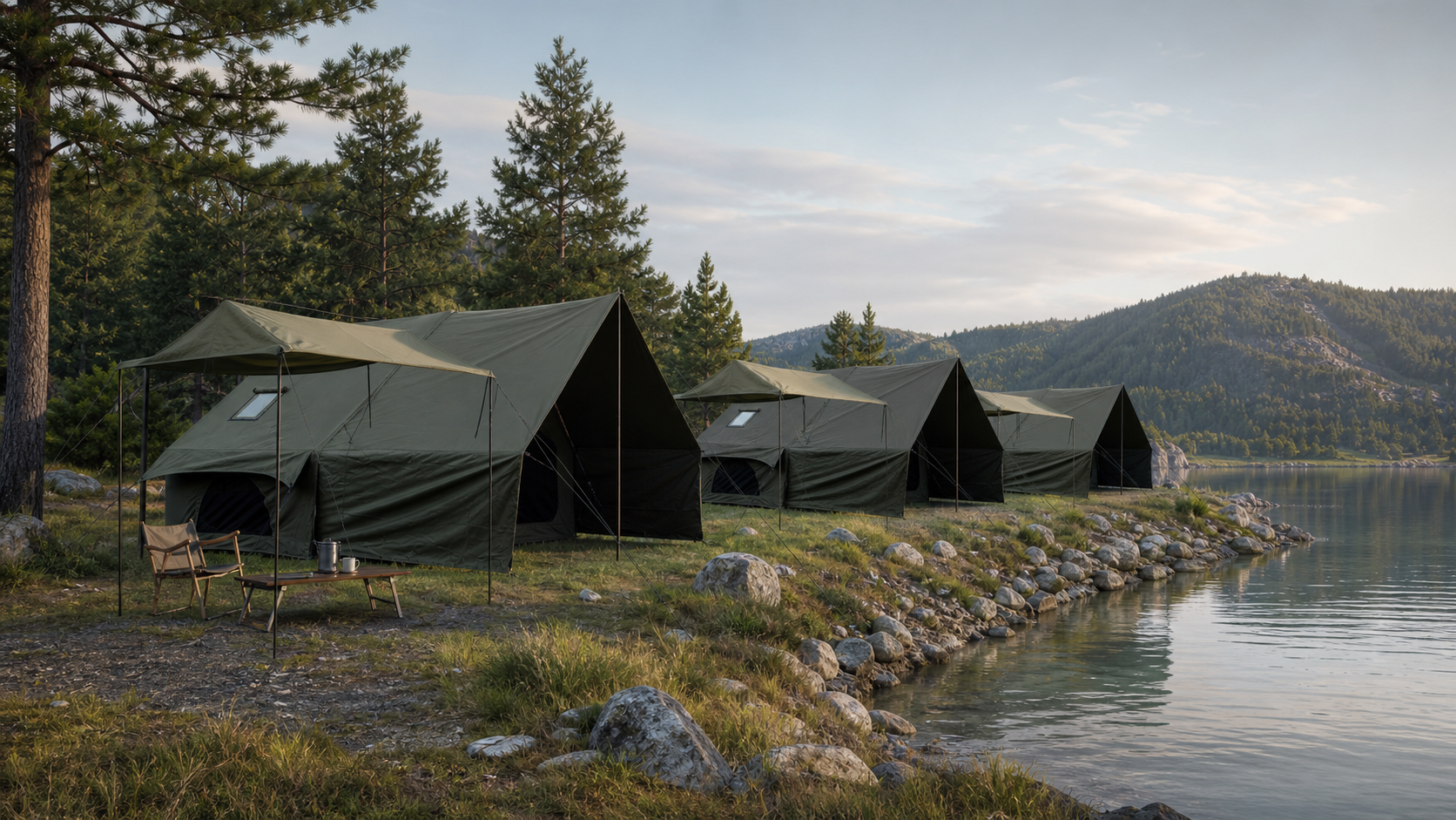 Grüne modulare Polykottonzelte neben einem Seecampingplatz, Anwendungsvisualisierung