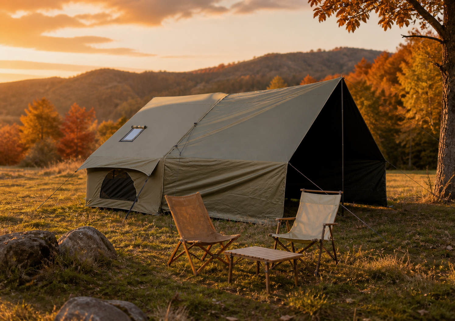 Grünes modulares Polykottonzelt auf einem Herbstwiesencampingplatz