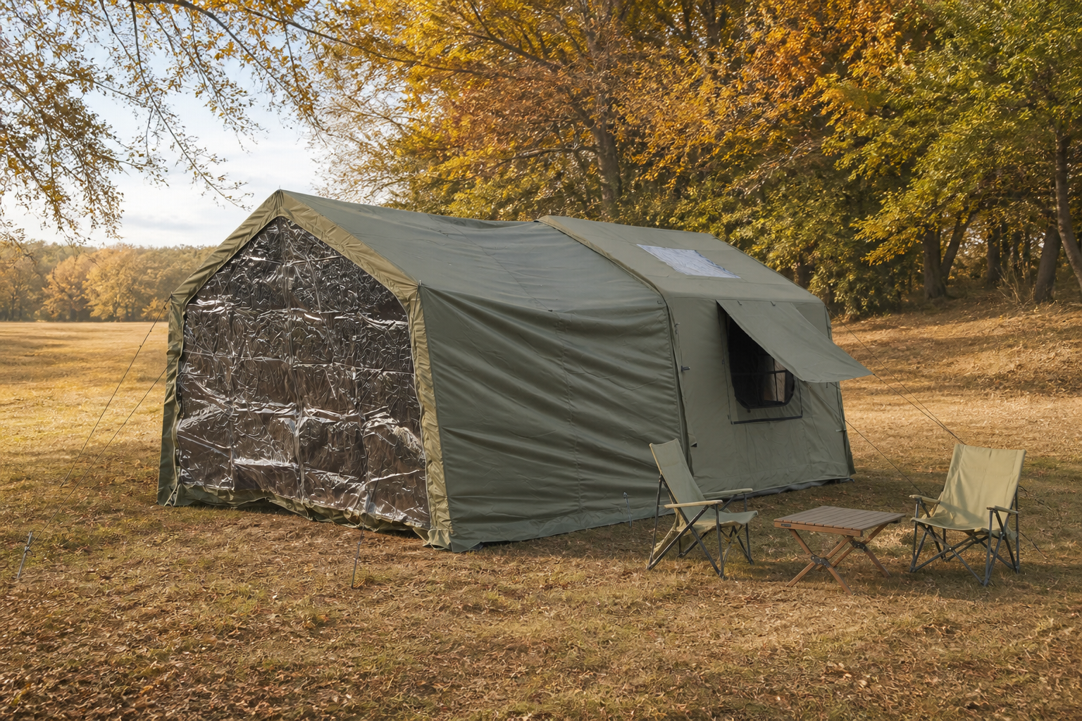 Grünes 8 + 8 m² Polykottonzelt mit Schlafzimmer und Wohnbereich
