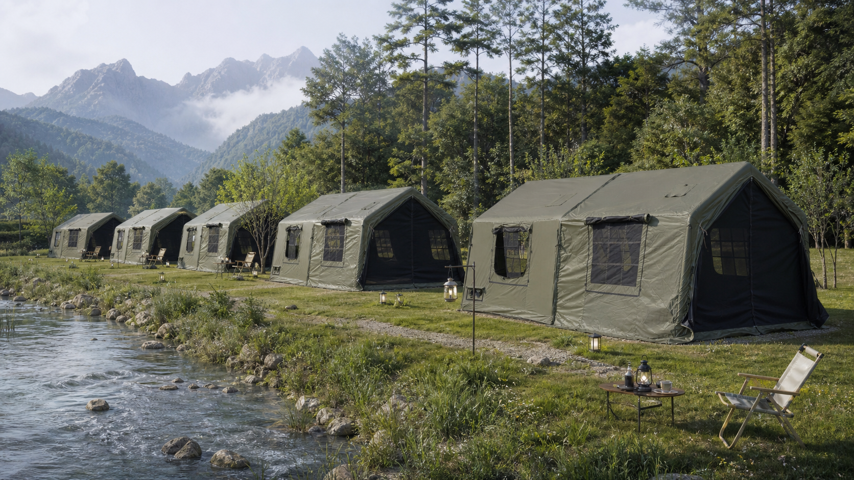 Green air-column expansion tents at a campsite, application visualization