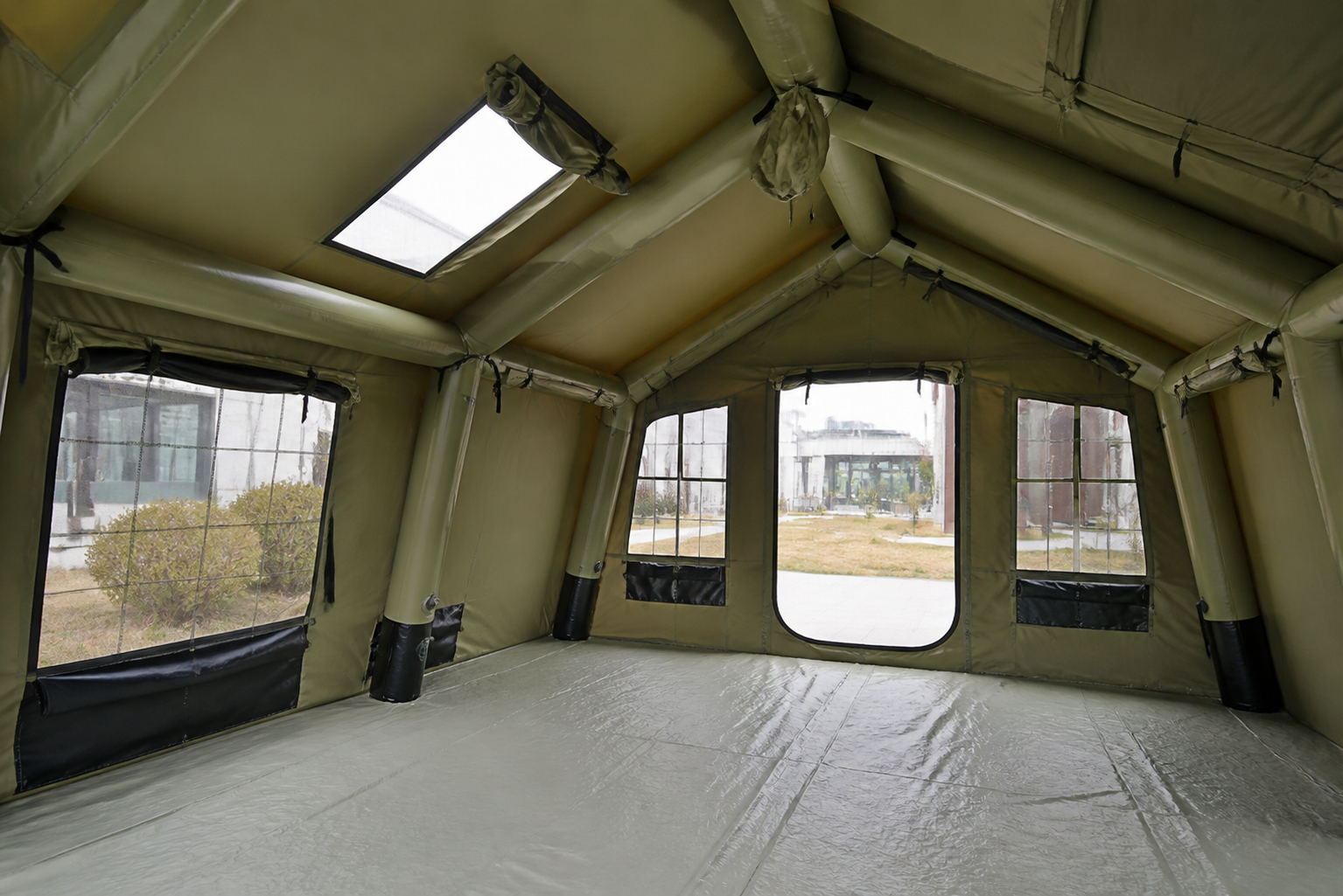 Close-up of Green polycotton fabric, air columns and service openings