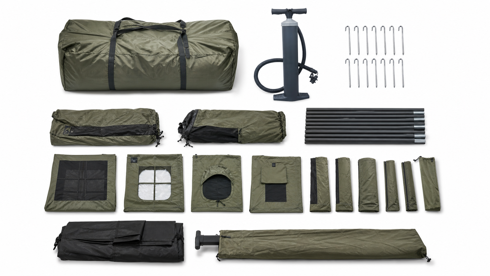 Package contents for the Green expandable polycotton tent