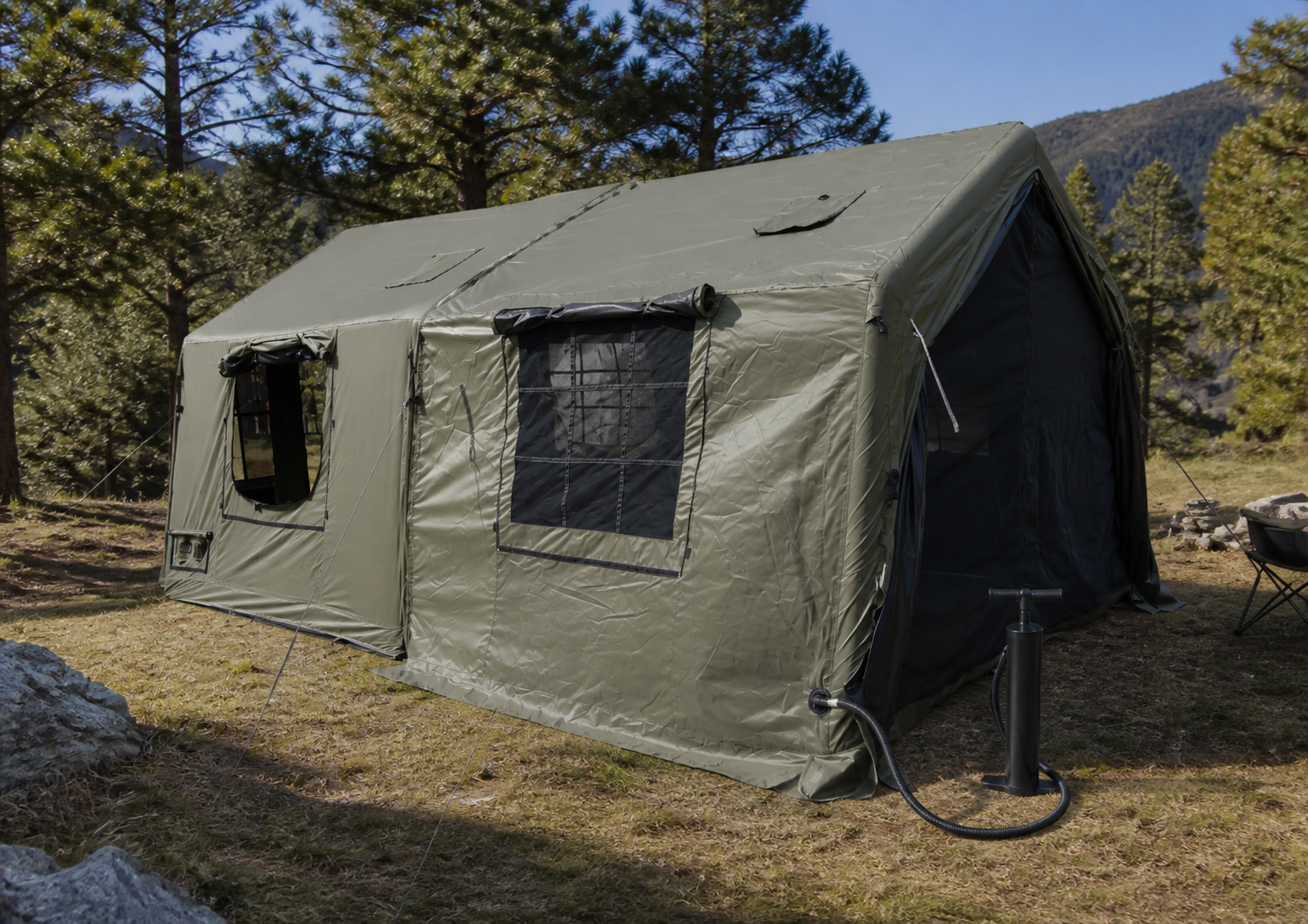 Hand pump connected while pitching the Green expandable polycotton tent