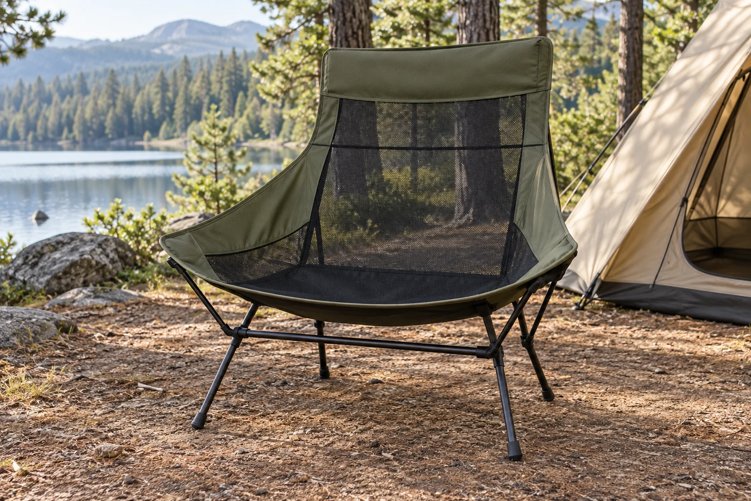 Scène de camping générée par IA : Chaise de camping extra-large à dossier haut