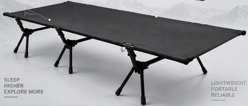 Supplier-series black folding cot with visible support legs; reference product view