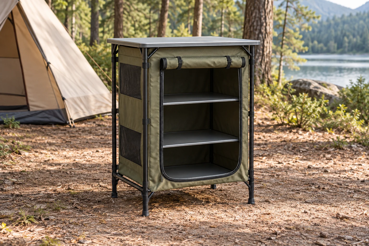Scène de camping générée par IA : Armoire de rangement pliante de camping