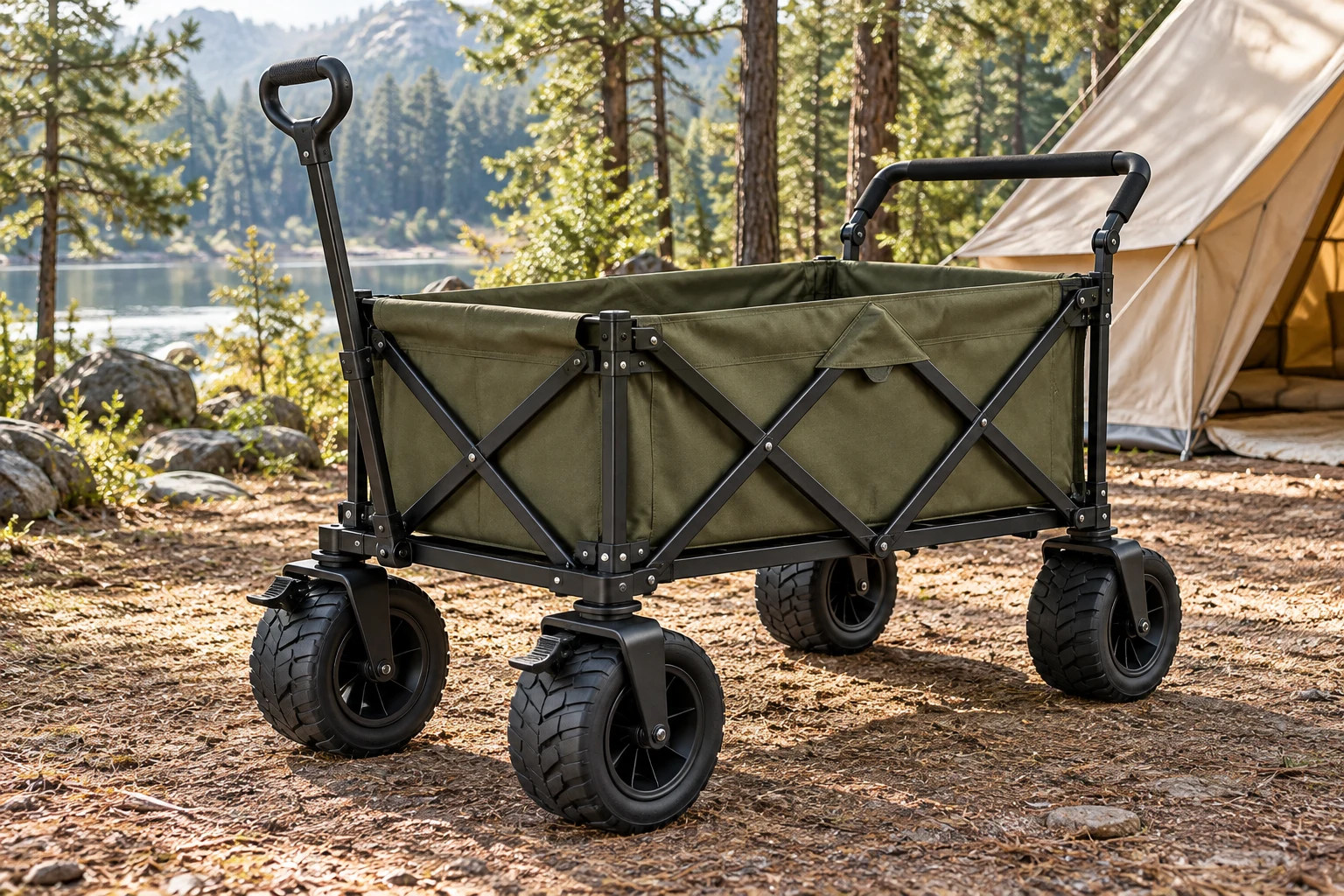 AI-generated campsite illustration of Heavy-Duty All-Terrain Camping Wagon