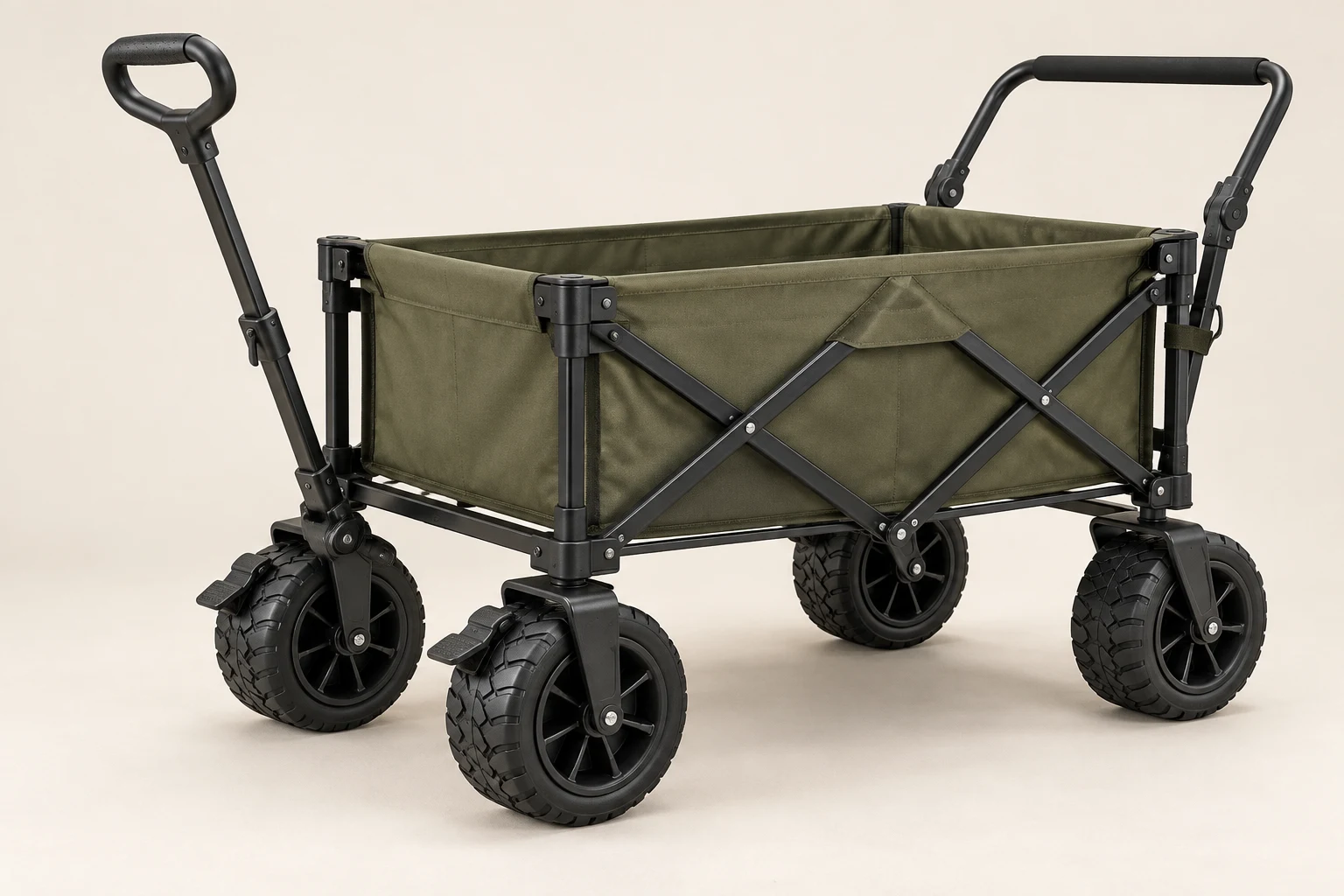 KI-generierte Produktabbildung: Robuster geländegängiger Camping-Bollerwagen